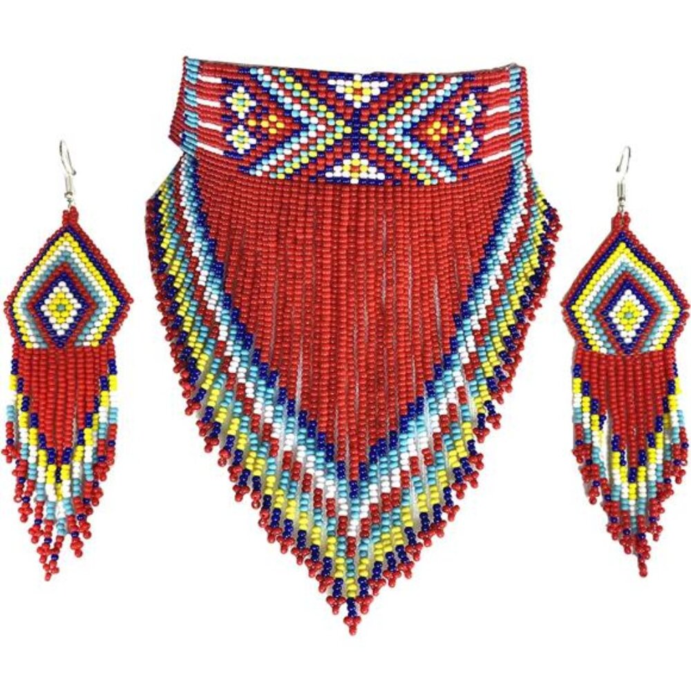 Bohemian Boho Southwestern Style Red Beaded Choker Seed Beads Necklace Earrings